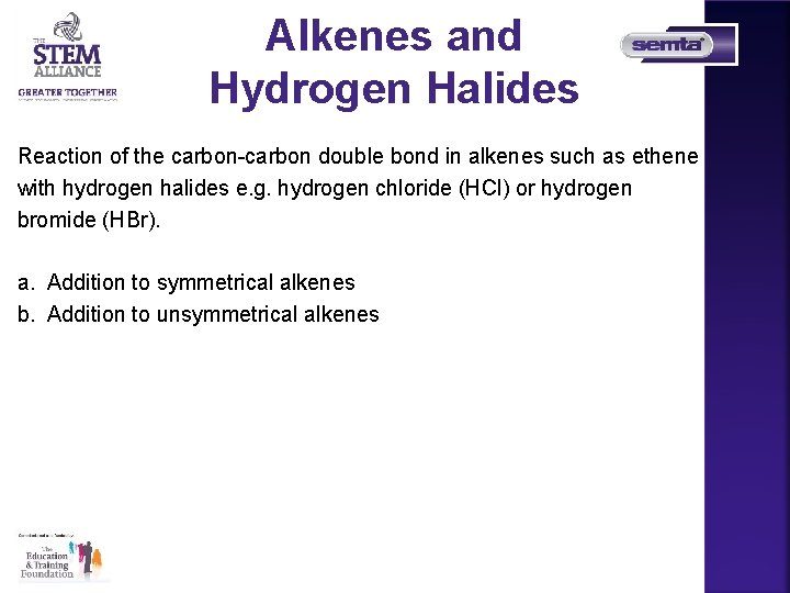 Alkenes and Hydrogen Halides Reaction of the carbon-carbon double bond in alkenes such as