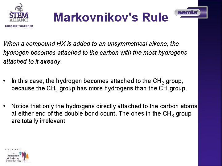 Markovnikov's Rule When a compound HX is added to an unsymmetrical alkene, the hydrogen