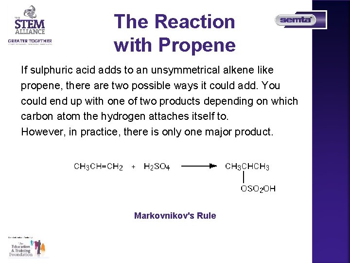The Reaction with Propene If sulphuric acid adds to an unsymmetrical alkene like propene,