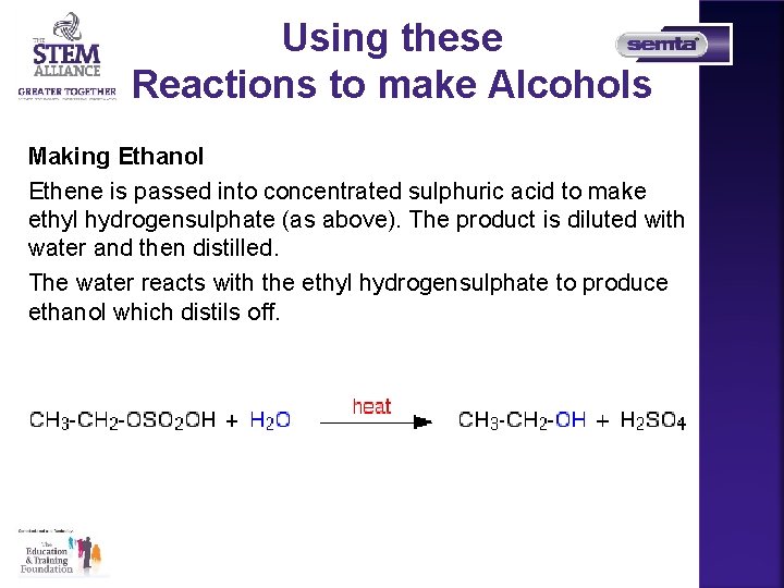 Using these Reactions to make Alcohols Making Ethanol Ethene is passed into concentrated sulphuric