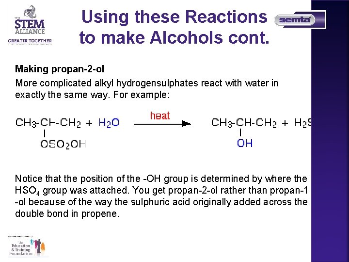 Using these Reactions to make Alcohols cont. Making propan-2 -ol More complicated alkyl hydrogensulphates