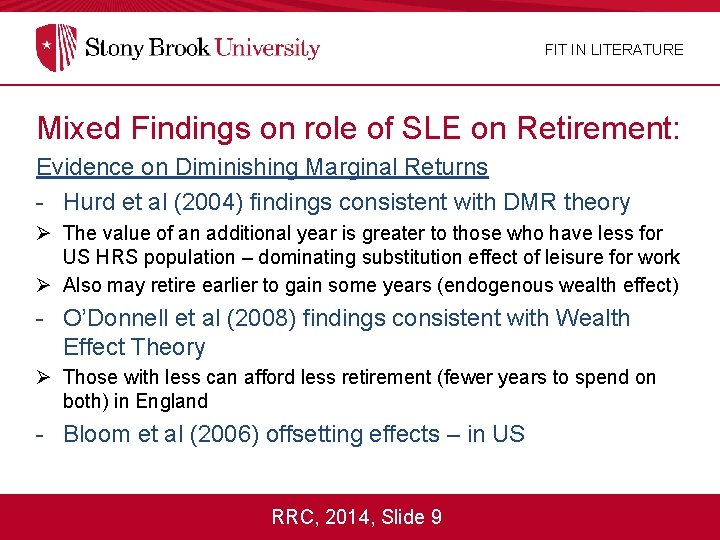 FIT IN LITERATURE Mixed Findings on role of SLE on Retirement: Evidence on Diminishing