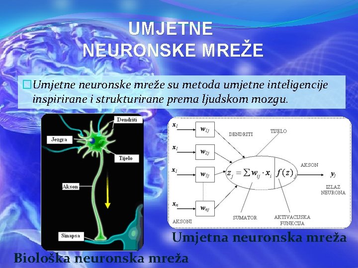 UMJETNE NEURONSKE MREŽE �Umjetne neuronske mreže su metoda umjetne inteligencije inspirirane i strukturirane prema