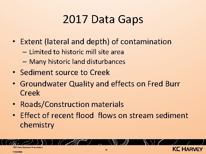 2017 Data Gaps • Extent (lateral and depth) of contamination – Limited to historic