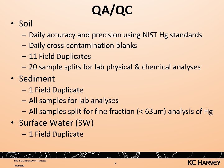  • Soil QA/QC – Daily accuracy and precision using NIST Hg standards –