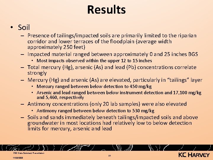 Results • Soil – Presence of tailings/impacted soils are primarily limited to the riparian