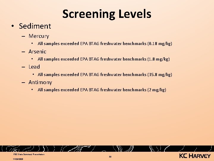  • Sediment Screening Levels – Mercury • All samples exceeded EPA BTAG freshwater