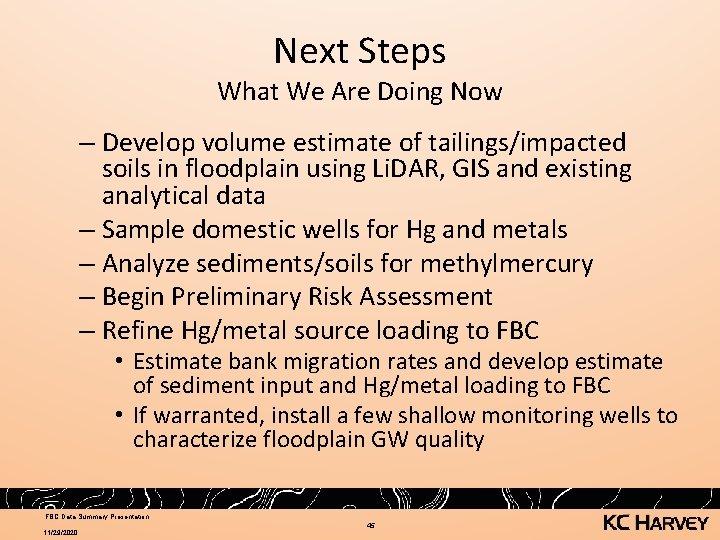 Next Steps What We Are Doing Now – Develop volume estimate of tailings/impacted soils