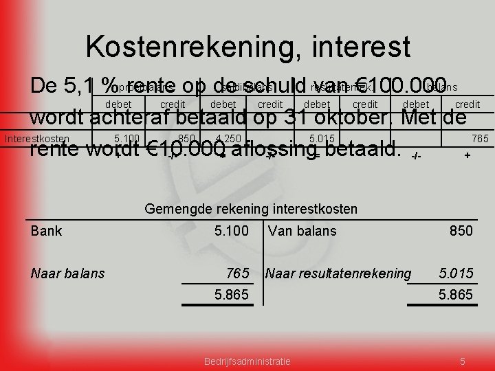Kostenrekening, interest saldibalans De 5, 1 %proefbalans rente op de schuld resultatenrek. van €