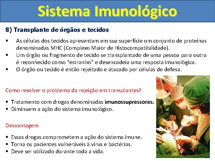 Sistema Imunológico 8) Transplante de órgãos e tecidos § § § As células dos