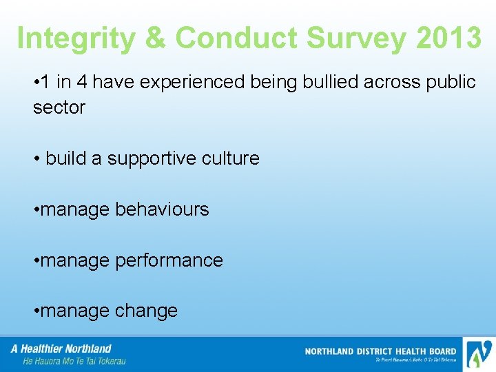 Integrity & Conduct Survey 2013 • 1 in 4 have experienced being bullied across
