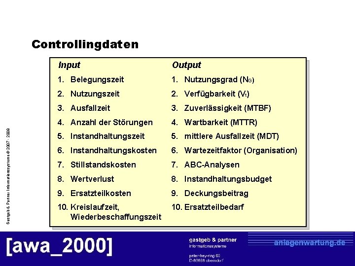 Gastgeb & Partner Informationssysteme © 2007 - 2008 Controllingdaten Input Output 1. Belegungszeit 1.