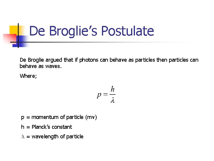 De Broglie’s Postulate De Broglie argued that if photons can behave as particles then