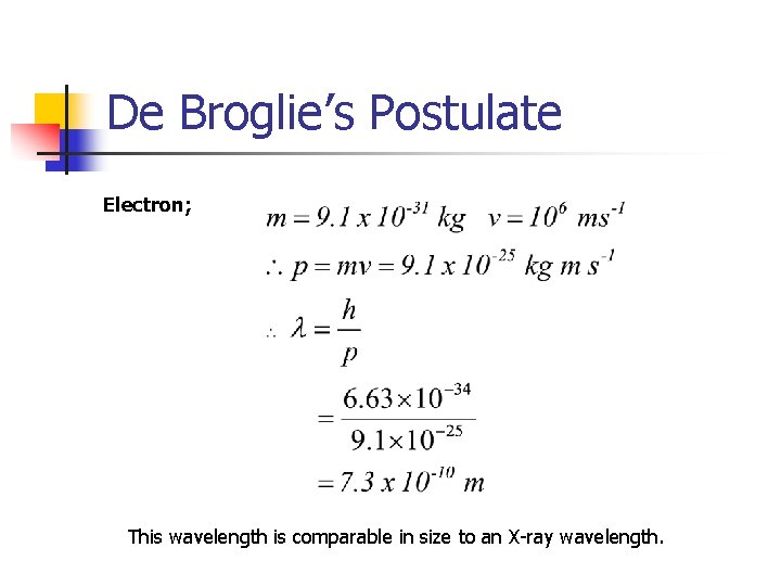 De Broglie’s Postulate Electron; This wavelength is comparable in size to an X-ray wavelength.