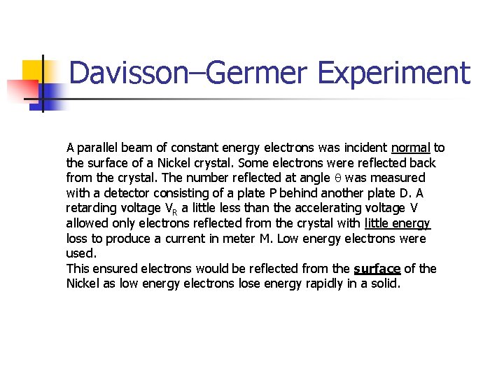 Davisson–Germer Experiment A parallel beam of constant energy electrons was incident normal to the