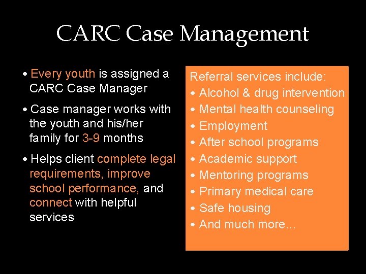 CARC Case Management • Every youth is assigned a CARC Case Manager • Case