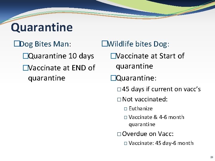 Quarantine �Dog Bites Man: �Wildlife bites Dog: �Quarantine 10 days �Vaccinate at Start of