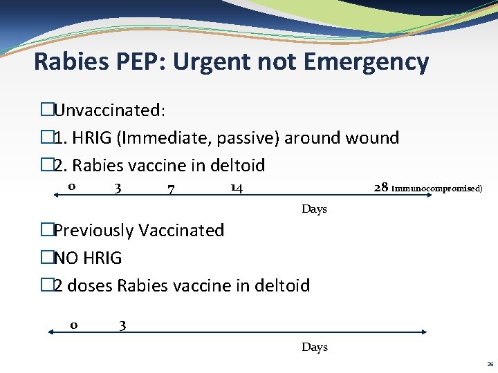 Rabies PEP: Urgent not Emergency �Unvaccinated: � 1. HRIG (Immediate, passive) around wound �