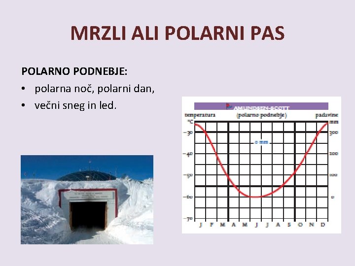 MRZLI ALI POLARNI PAS POLARNO PODNEBJE: • polarna noč, polarni dan, • večni sneg MRZLI ALI POLARNI PAS POLARNO PODNEBJE: • polarna noč, polarni dan, • večni sneg