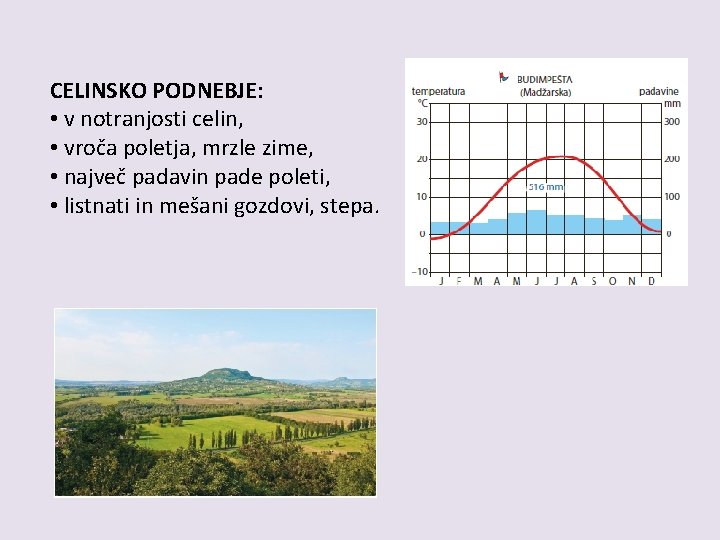 CELINSKO PODNEBJE: • v notranjosti celin, • vroča poletja, mrzle zime, • največ padavin CELINSKO PODNEBJE: • v notranjosti celin, • vroča poletja, mrzle zime, • največ padavin