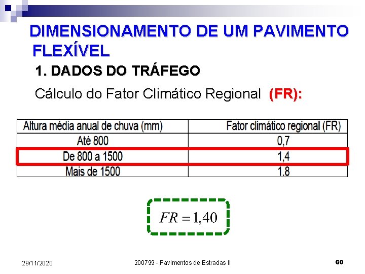DIMENSIONAMENTO DE UM PAVIMENTO FLEXÍVEL 1. DADOS DO TRÁFEGO Cálculo do Fator Climático Regional
