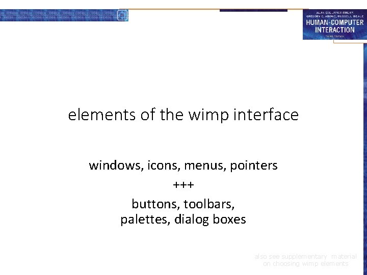 elements of the wimp interface windows, icons, menus, pointers +++ buttons, toolbars, palettes, dialog