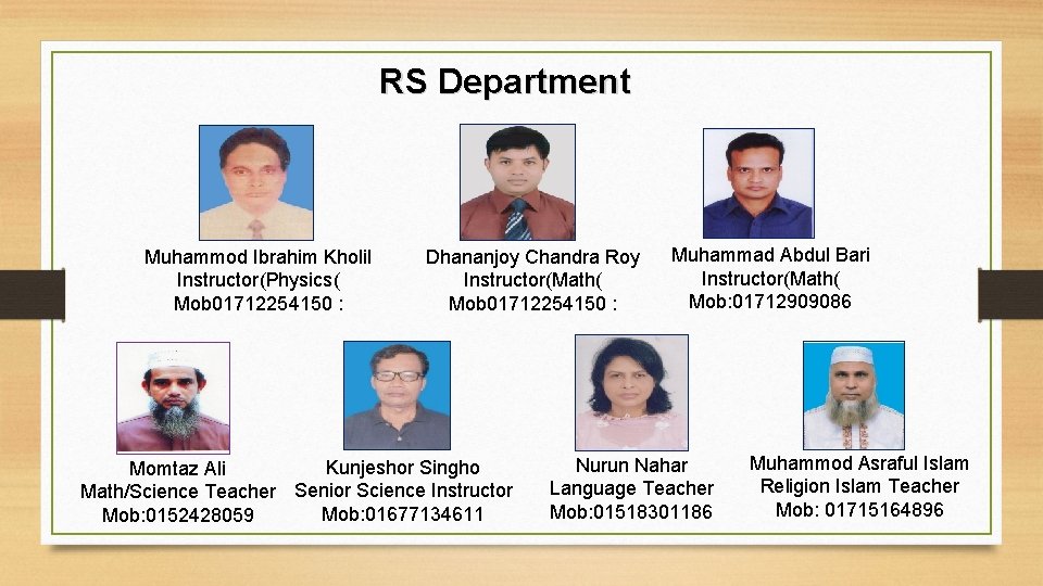 RS Department Muhammod Ibrahim Kholil Instructor(Physics( Mob 01712254150 : Dhananjoy Chandra Roy Instructor(Math( Mob