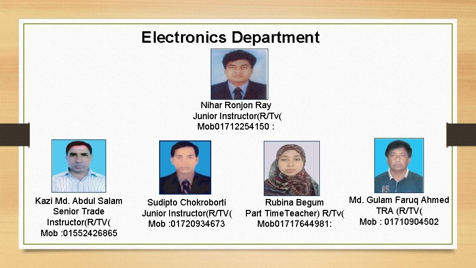 Electronics Department Nihar Ronjon Ray Junior Instructor(R/Tv( Mob 01712254150 : Kazi Md. Abdul Salam