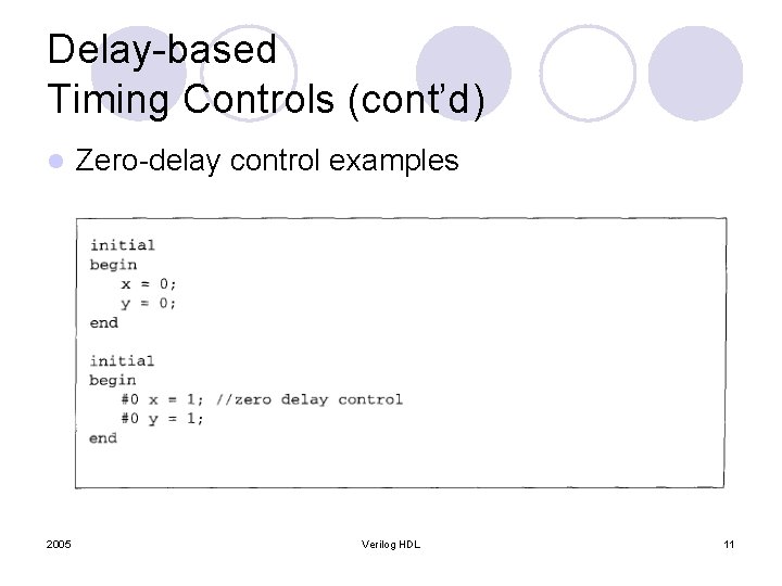 Delay-based Timing Controls (cont’d) l 2005 Zero-delay control examples Verilog HDL 11 Delay-based Timing Controls (cont’d) l 2005 Zero-delay control examples Verilog HDL 11