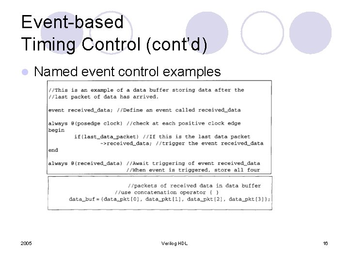 Event-based Timing Control (cont’d) l 2005 Named event control examples Verilog HDL 16 Event-based Timing Control (cont’d) l 2005 Named event control examples Verilog HDL 16