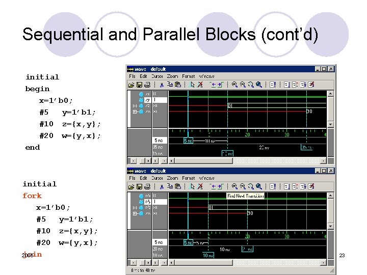 Sequential and Parallel Blocks (cont’d) initial begin x=1’b 0; #5 y=1’b 1; #10 z={x,