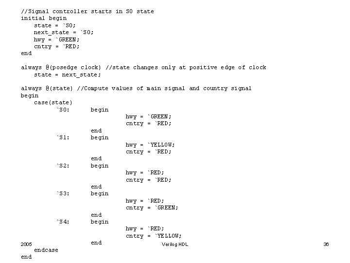 //Signal controller starts in S 0 state initial begin state = `S 0; next_state