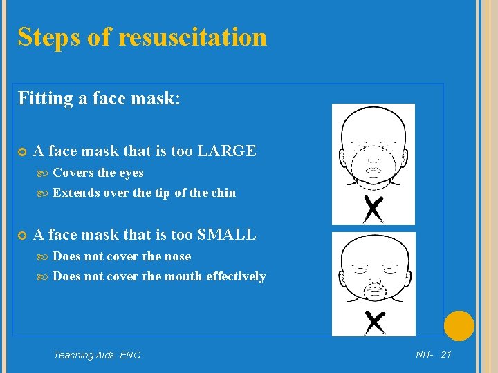 Steps of resuscitation Fitting a face mask: A face mask that is too LARGE