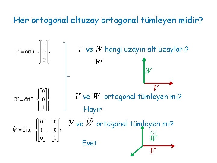 Her ortogonal altuzay ortogonal tümleyen midir? V ve W hangi uzayın alt uzayları? R