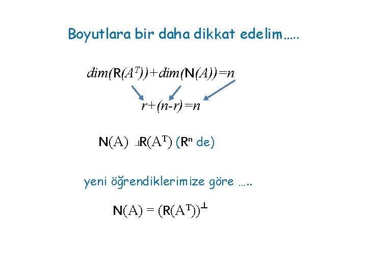 Boyutlara bir daha dikkat edelim…. . dim(R(AT))+dim(N(A))=n r+(n-r)=n N(A) R(AT) (Rn de) yeni öğrendiklerimize