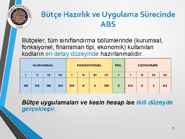 Bütçe Hazırlık ve Uygulama Sürecinde ABS Bütçeler, tüm sınıflandırma bölümlerinde (kurumsal, fonksiyonel, finansman tipi,