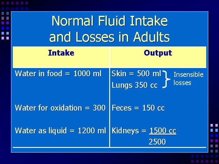 Normal Fluid Intake and Losses in Adults Intake Water in food = 1000 ml