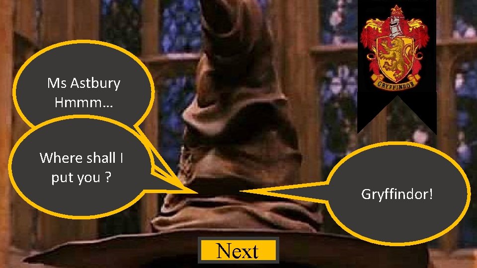 Ms Astbury Hmmm… Where shall I put you ? Gryffindor! Next 