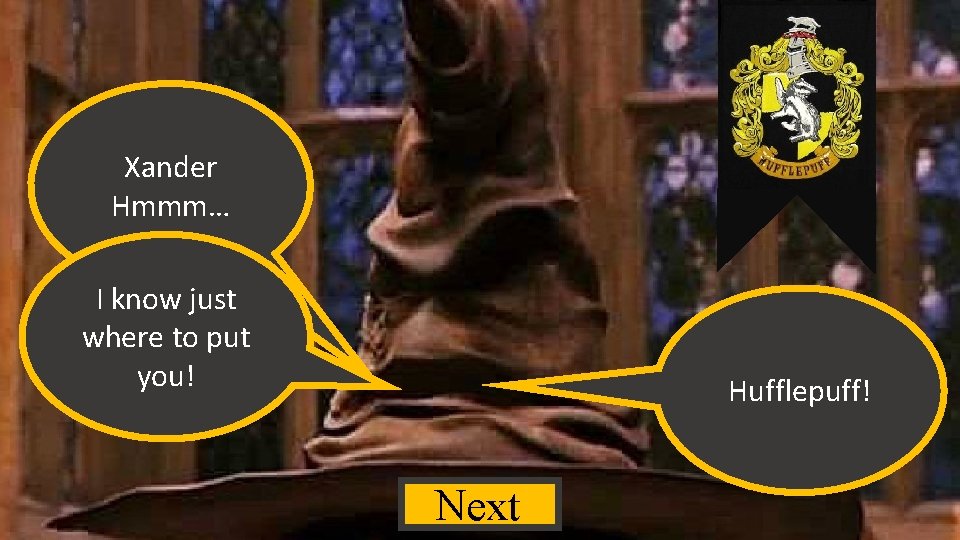 Xander Hmmm… I know just where to put you! Hufflepuff! Next 