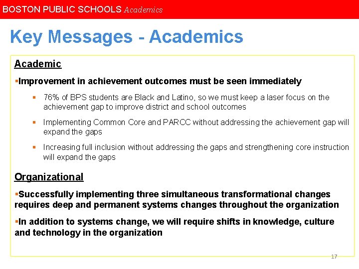 BOSTON PUBLIC SCHOOLS BOSTON SCHOOLS Academics Key Messages - Academics Academic §Improvement in achievement