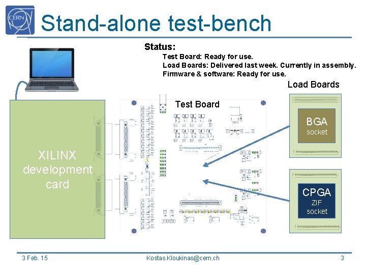 Stand-alone test-bench Status: Test Board: Ready for use. Load Boards: Delivered last week. Currently