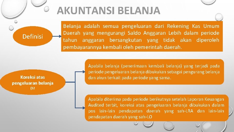 AKUNTANSI BELANJA Definisi Koreksi atas pengeluaran belanja Belanja adalah semua pengeluaran dari Rekening Kas