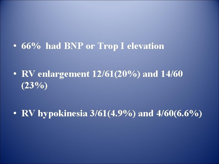  • 66% had BNP or Trop I elevation • RV enlargement 12/61(20%) and
