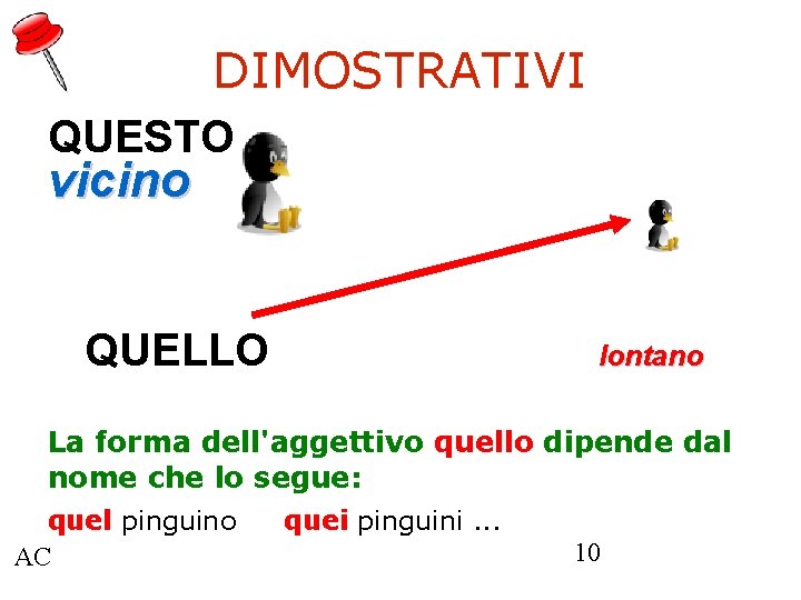 DIMOSTRATIVI QUESTO vicino QUELLO lontano La forma dell'aggettivo quello dipende dal nome che lo