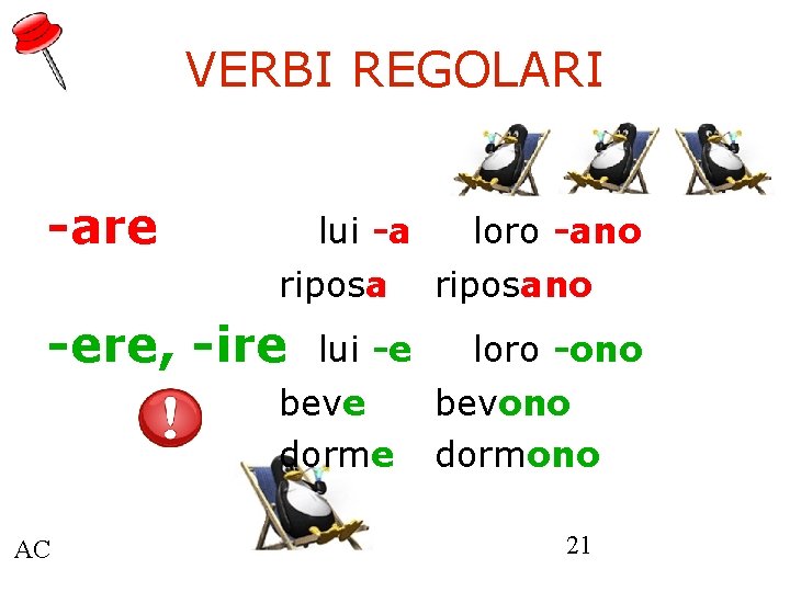 VERBI REGOLARI -are lui -a riposa -ere, -ire lui -e beve dorme AC loro