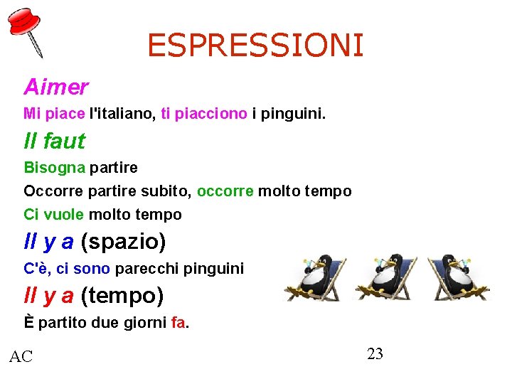 ESPRESSIONI Aimer Mi piace l'italiano, ti piacciono i pinguini. Il faut Bisogna partire Occorre