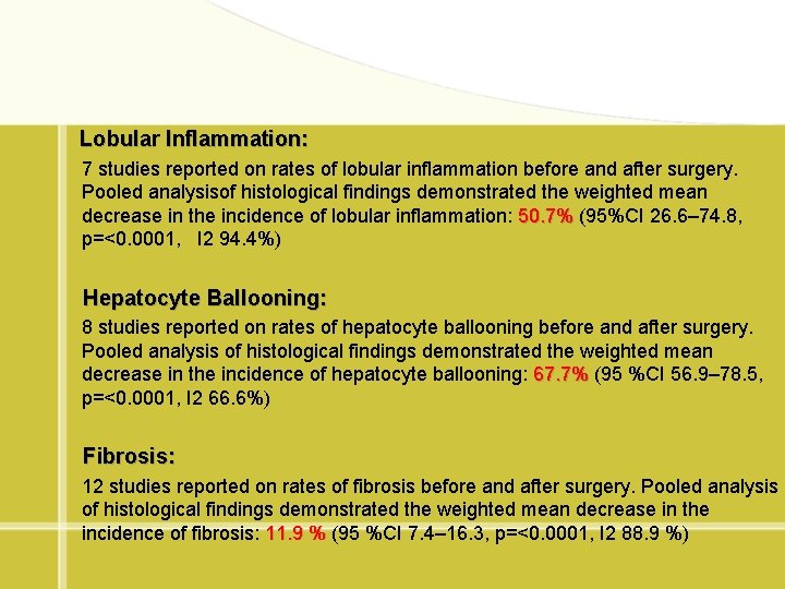 Lobular Inflammation: 7 studies reported on rates of lobular inflammation before and after surgery.