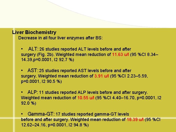 Liver Biochemistry Decrease in all four liver enzymes after BS: • ALT: 26 studies
