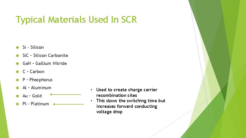 Typical Materials Used In SCR Si - Silicon Si. C – Silicon Carbonite Ga. Typical Materials Used In SCR Si - Silicon Si. C – Silicon Carbonite Ga.