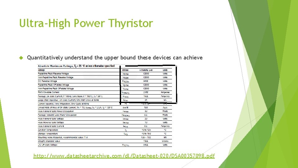 Ultra-High Power Thyristor Quantitatively understand the upper bound these devices can achieve http: //www.